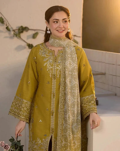 3PC MARINA EMBROIDERED DRESS WITH PRINTED WOOL SHAWL BA-425