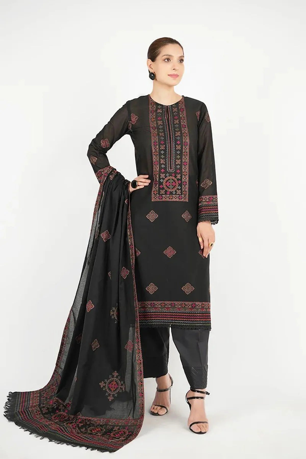 BAREEZE DHANAK 3PC EMBROIDERED DRESS WITH READY TO WEAR HEAVY EMBROIDERY SHAWL