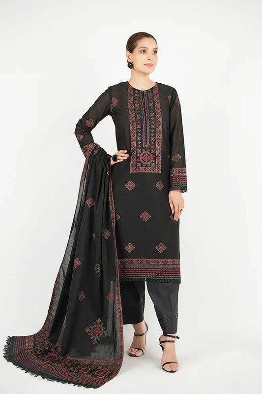 BAREEZE DHANAK 3PC EMBROIDERED DRESS WITH READY TO WEAR HEAVY EMBROIDERY SHAWL
