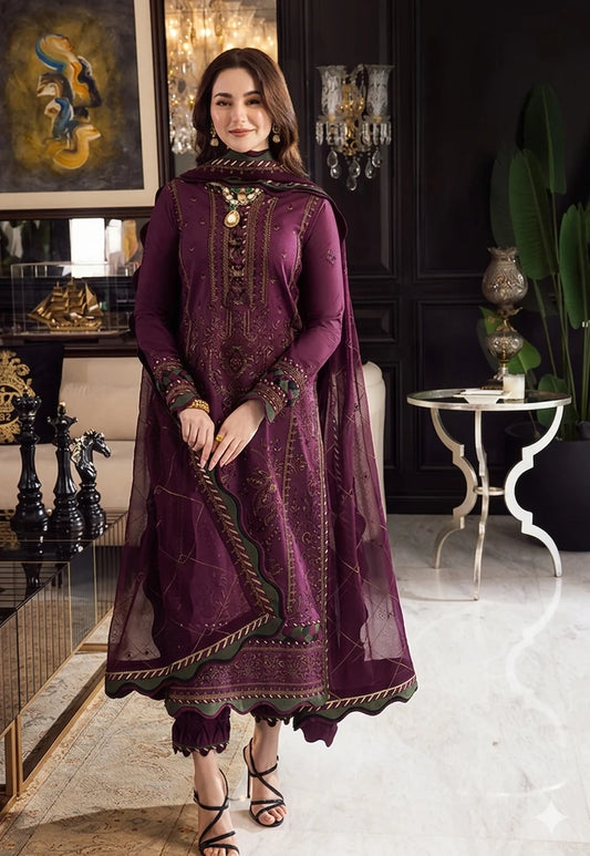 DHANAK HEAVY EMBROIDERED DRESS WITH EMBROIDERED & READY TO WEAR 4 SIDED LACE SHAWL BA-3090