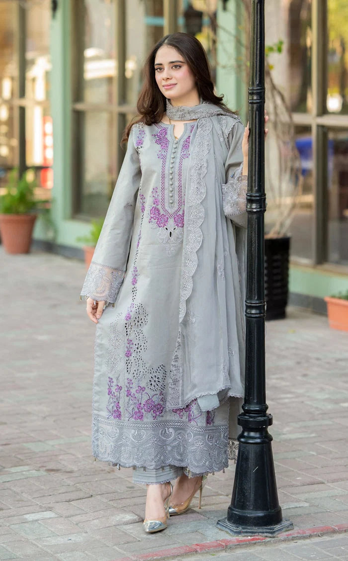 DHANAK 3PC CHICKENKARI EMBROIDERED DRESS BA-3086