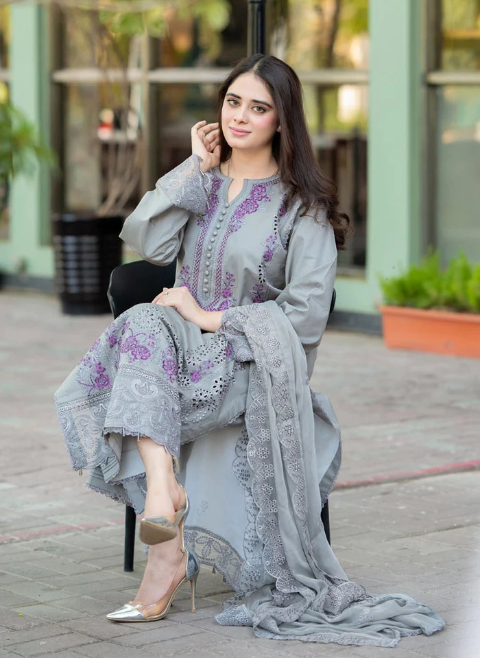 DHANAK 3PC CHICKENKARI EMBROIDERED DRESS BA-3086